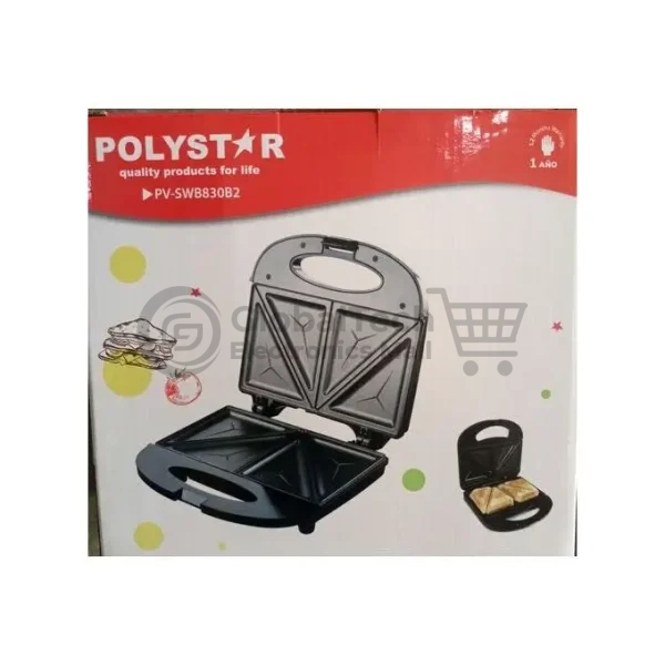 Polystar 2 slice sandwich maker with non-stick triangular plates, LED indicator, and vertical storage design